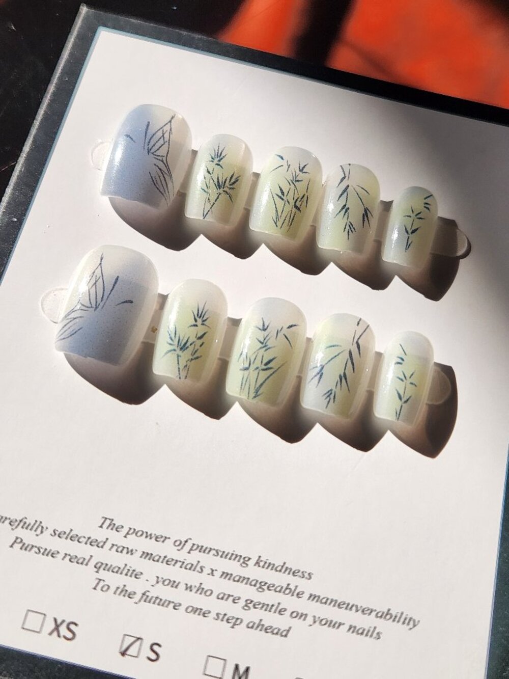 Blue & white short bamboo & butterfly short square press-on nails. Size Small.